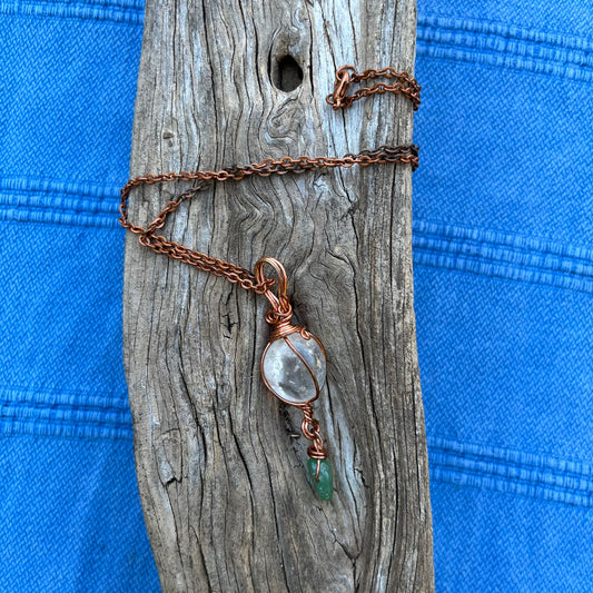 Copper Wrapped Quartz and Aventurine Pendant Necklace