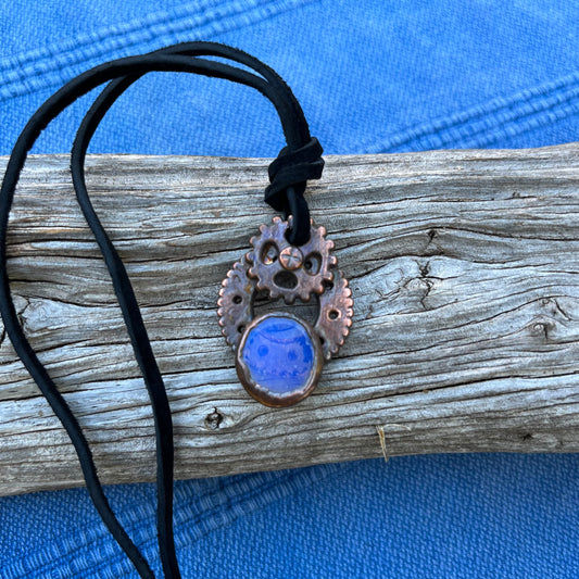 Copper Electroformed Opalite and Gears Steampunk Pendant Necklace