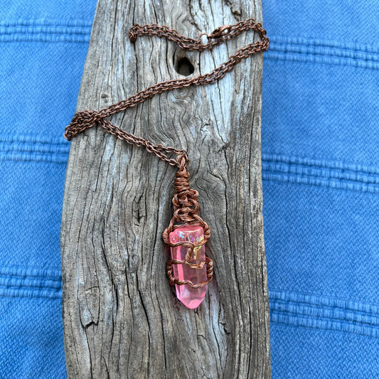 Copper Wrapped Rainbow Aura Pink Quartz Point Pendant Necklace