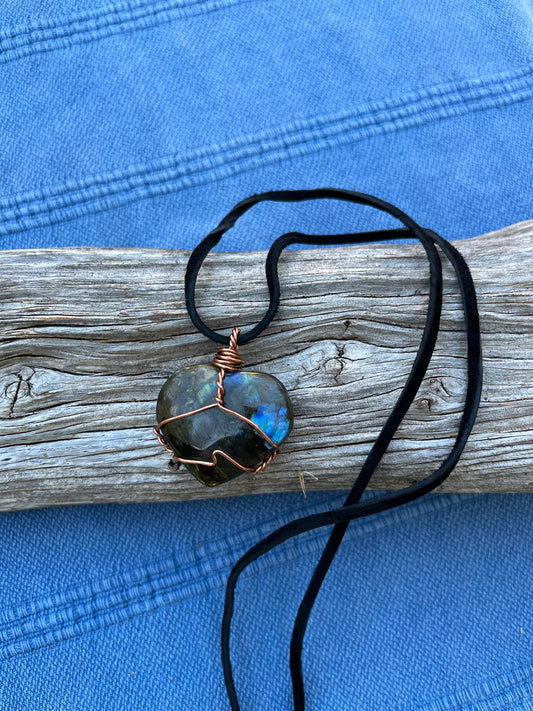 Copper Wrapped Labradorite Heart Pendant Necklace