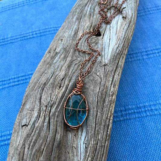 Copper Wrapped Blue Obsidian Pisces Pendant Necklace