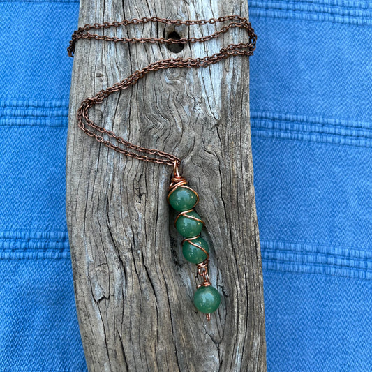 Copper Wrapped Aventurine Bead Pendant Necklace