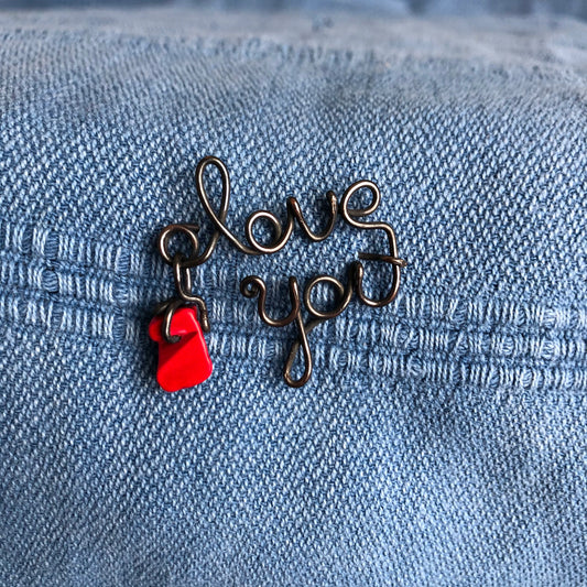LOVE YOU Red Turquoise and Black Copper Lapel Pin Cardigan Pin Brooch