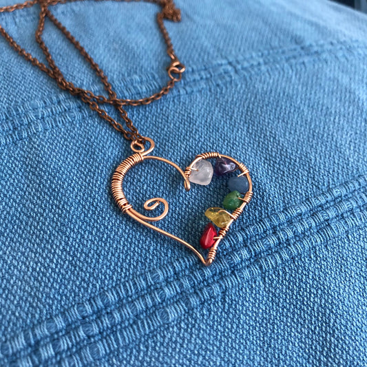 Rainbow Crystal Copper Heart Pendant