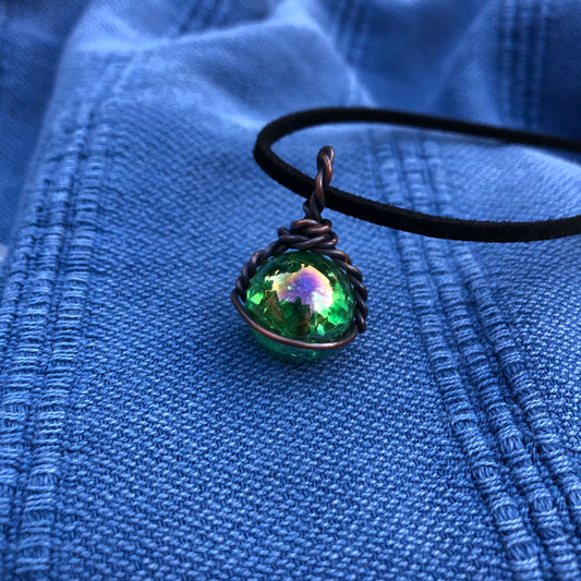 Copper Wrapped Green Witch Ball Pendant